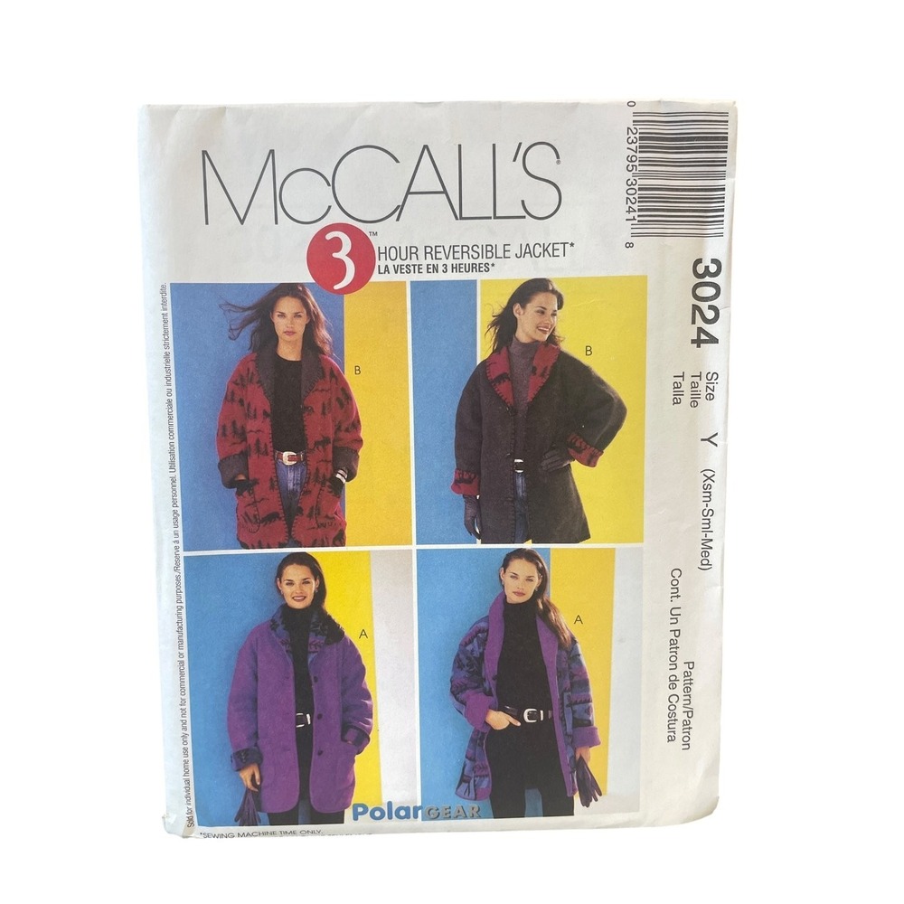 McCall's 3024 Reversible Jacket Y (XSM-SML-MED) Womens Miss Petite